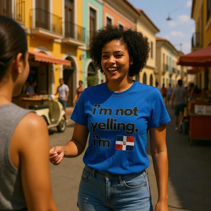 I’m Not Yelling Ladies T-Shirt front view | Funny women’s statement t-shirt | Bold attitude graphic tee for women | Comfortable cotton ladies shirt | I’m Not Yelling tee folded flat lay | Confident women’s casual outfit tee | Soft fitted t-shirt for women | Humor quote ladies top | Stylish everyday graphic t-shirt | I’m Not Yelling shirt close-up | Fun gift for confident women | Durable print cotton ladies tee